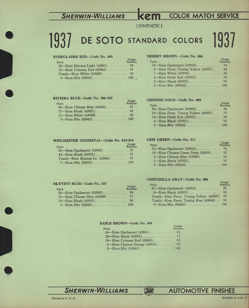 1937 DeSoto Paint Charts Williams 3